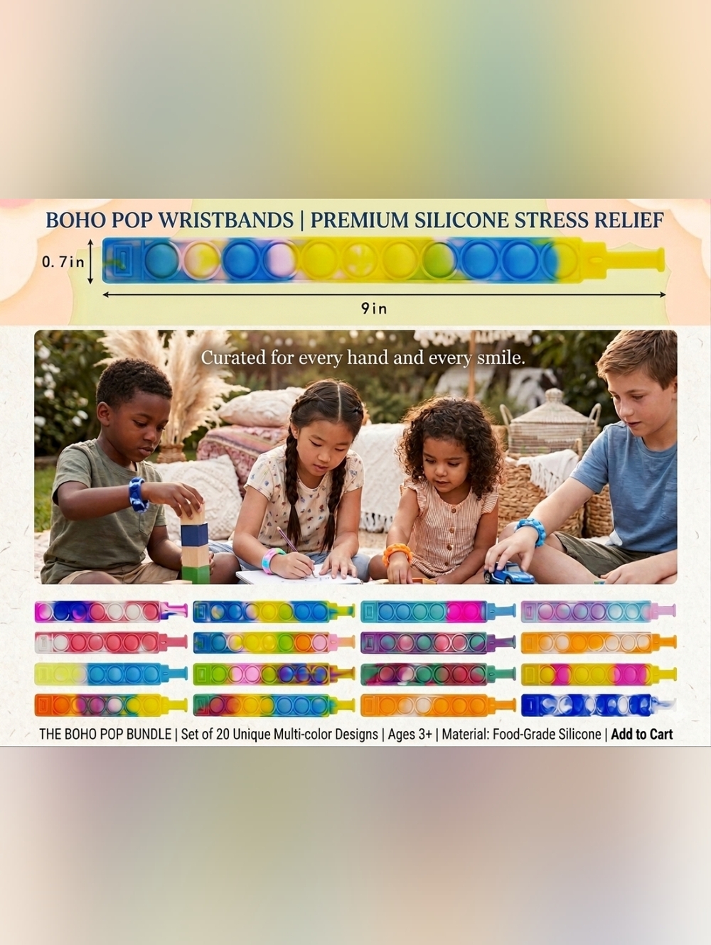🍎 20 New Sensory Support Fidget Bracelet Silicone Anxiety Relief Rainbow Pop It